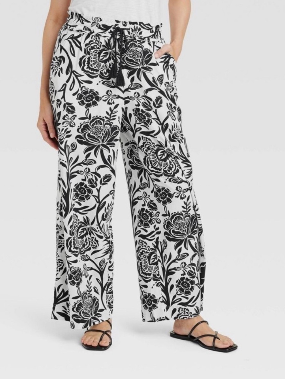Wide Leg Palazzo Floral Resortwear Pants Size L Graphic Modern Boho Coastal Chic
